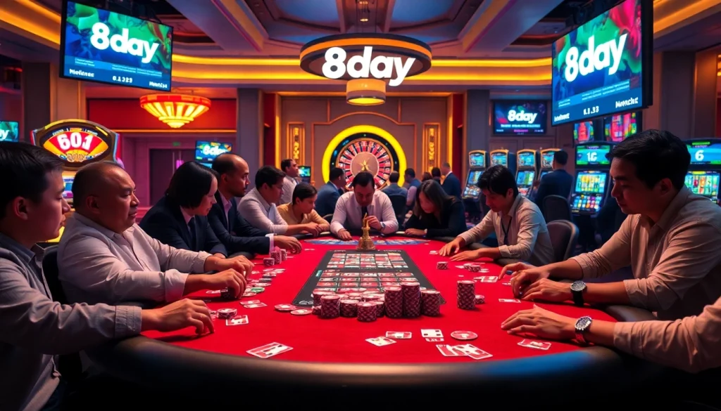 8day casino scene with vibrant poker table and players engaged in action.