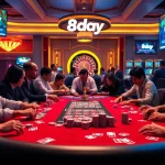 8day casino scene with vibrant poker table and players engaged in action.