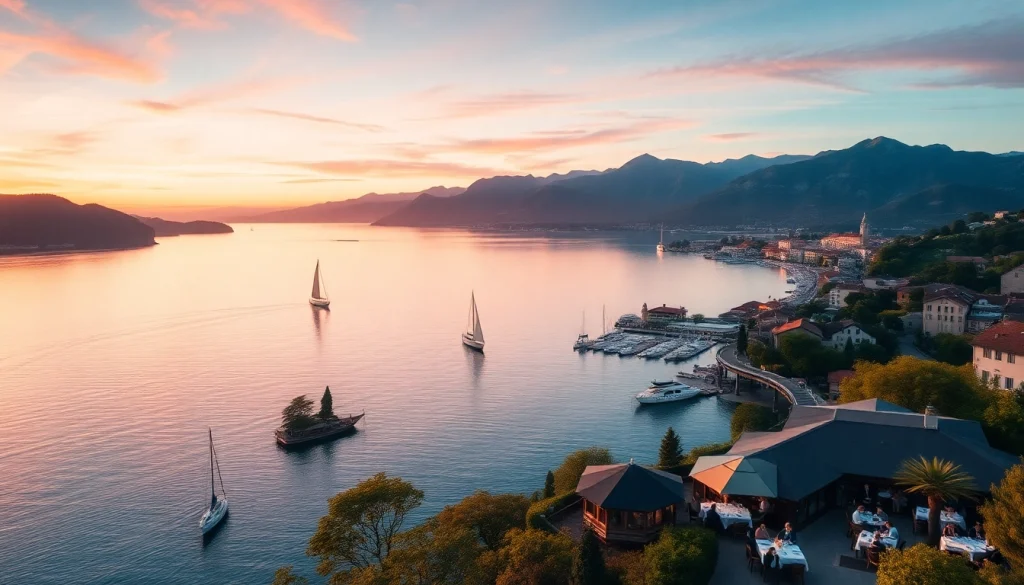 Urlaub am Gardasee bei Sonnenuntergang mit lebhaften Reflexionen auf dem ruhigen Wasser und malerischen Orten.