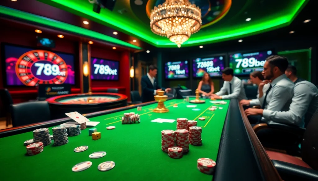 Engaging gamblers at a 789bet casino table with poker chips and dice showcasing an exciting betting atmosphere.