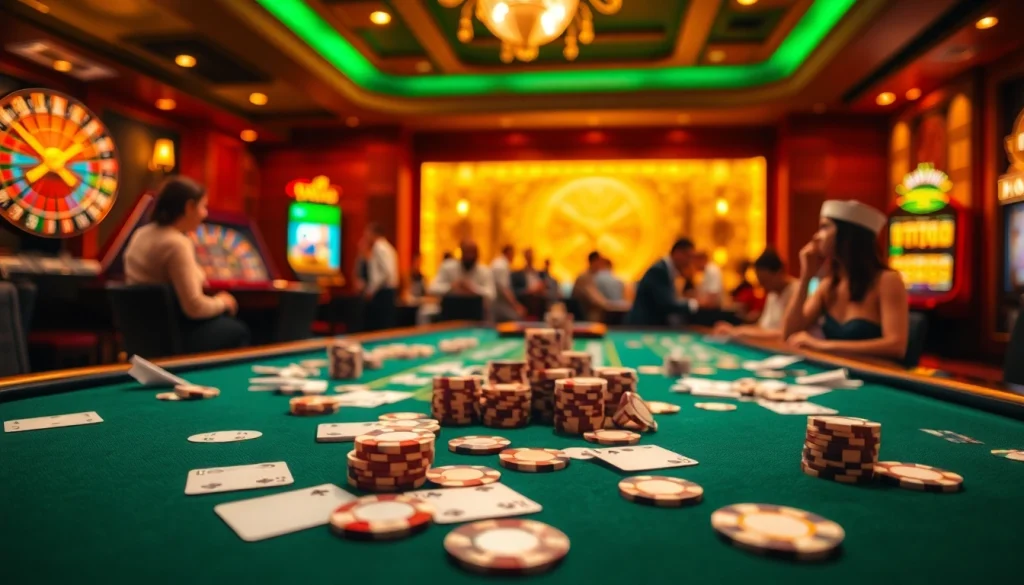 Sao789 casino scene showcasing an elegant table with cards and poker chips, evoking excitement.