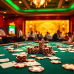 Sao789 casino scene showcasing an elegant table with cards and poker chips, evoking excitement.