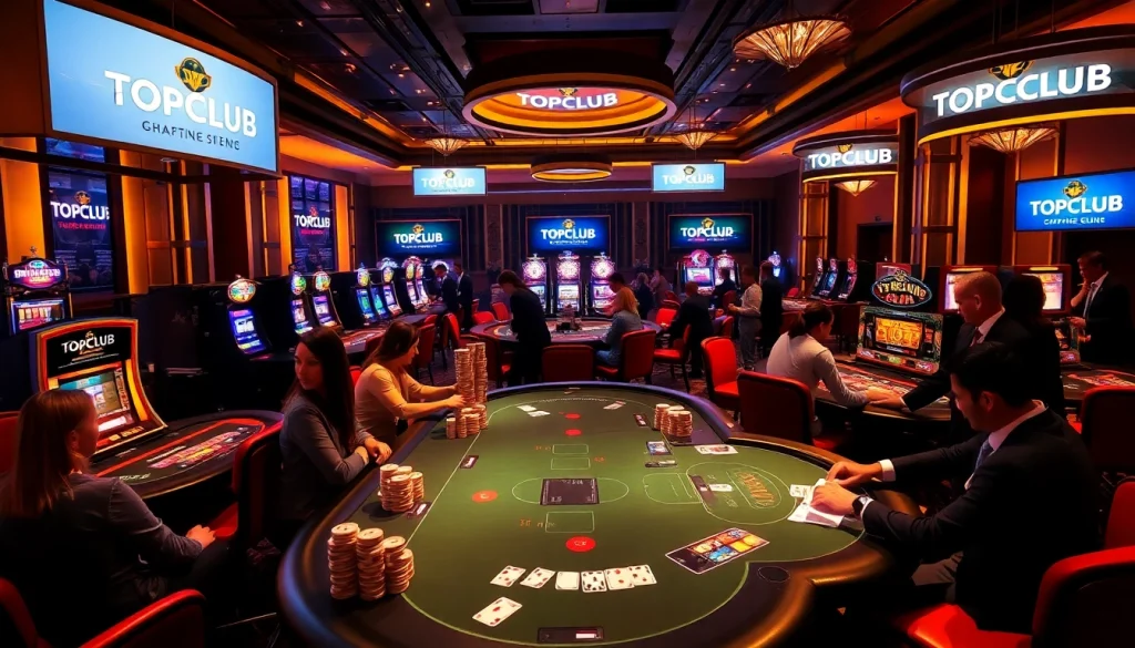 Exciting gameplay at TOPCLUB, where players enjoy poker and slot machines in a vibrant casino atmosphere.