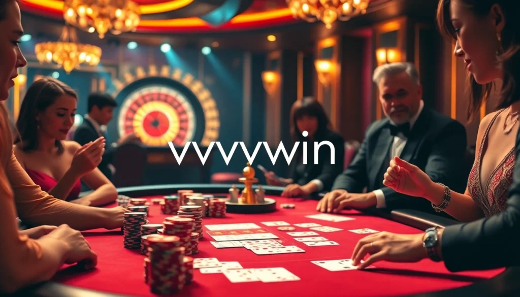 Players enjoying a thrilling poker game at vvvwin's luxurious online casino setting, featuring chips and cards.