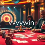 Players enjoying a thrilling poker game at vvvwin's luxurious online casino setting, featuring chips and cards.