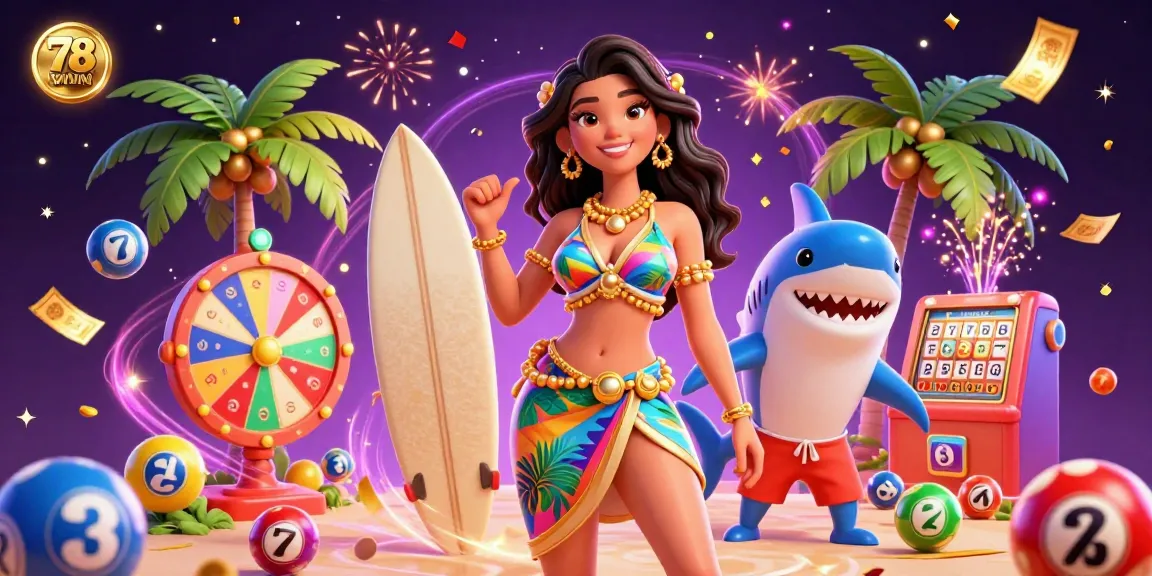 Experience the excitement of 78WIN with a vibrant illustration showcasing a glamorous woman and a fun shark, surrounded by joyful lottery elements.