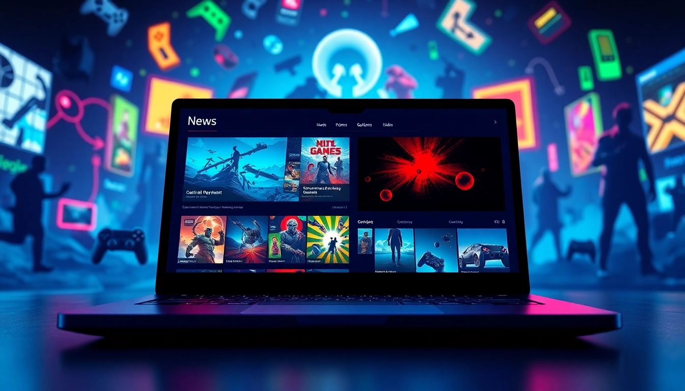 Spannende Games News auf einem Laptop mit lebhaften Grafiken und dynamischen Überschriften.