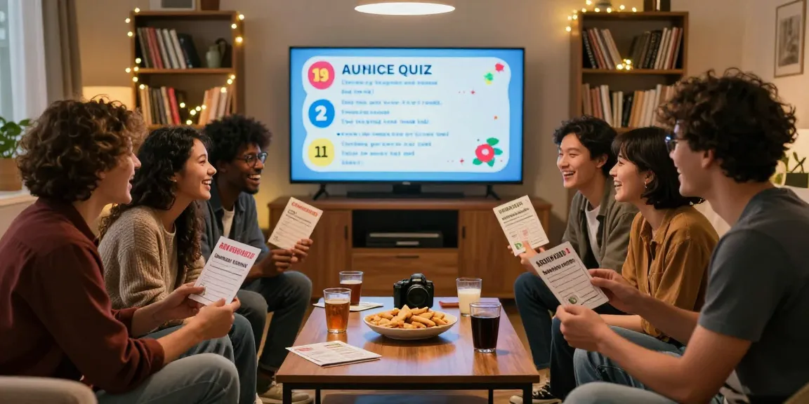 Friends enjoying a quiz night, testing their Quiz Allgemeinwissen in a cozy living room setting.