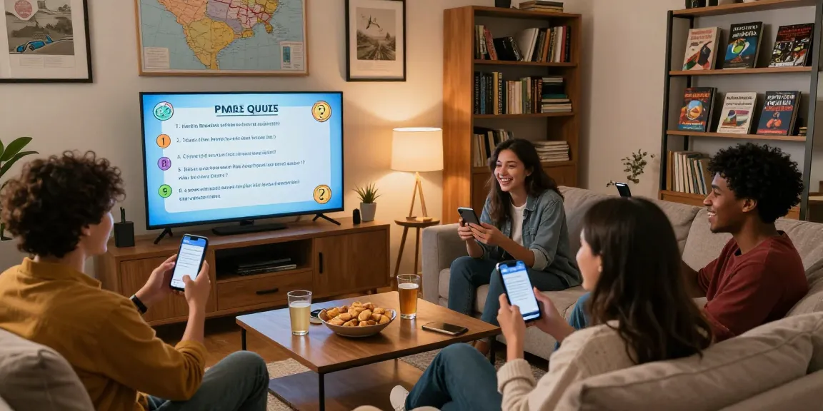 Freunde testen ihr Wissen im Quiz Allgemeinwissen in einer gemütlichen Atmosphäre.