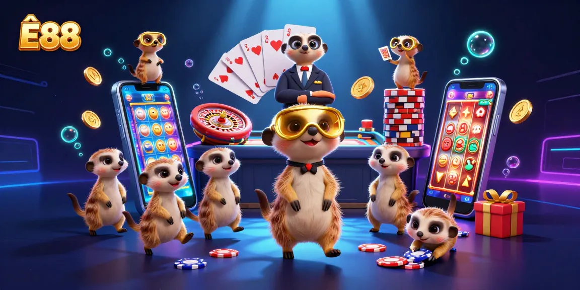 Experience the thrill of Ê88 at this vibrant casino scene with meerkats and exciting game elements.