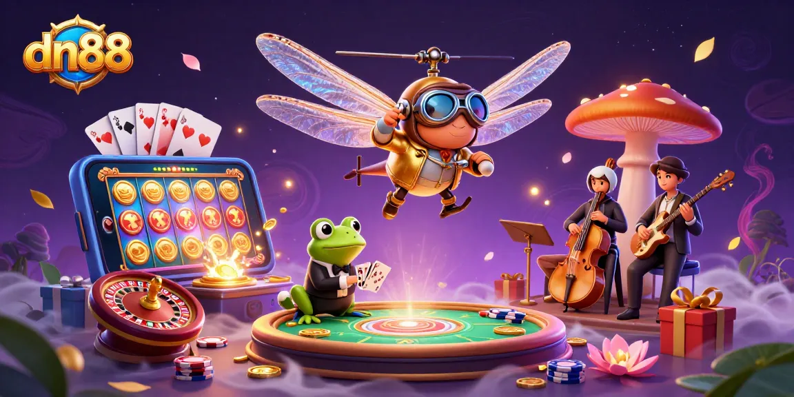 Engaging scene of dn88 with dynamic dragonfly pilot and frog croupier in a vibrant casino atmosphere.