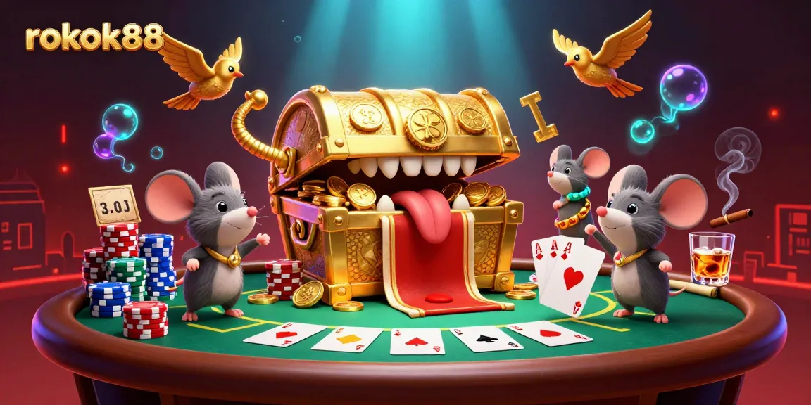 Play winning games at rokok88 with vibrant 3D illustration of poker elements and treasure.