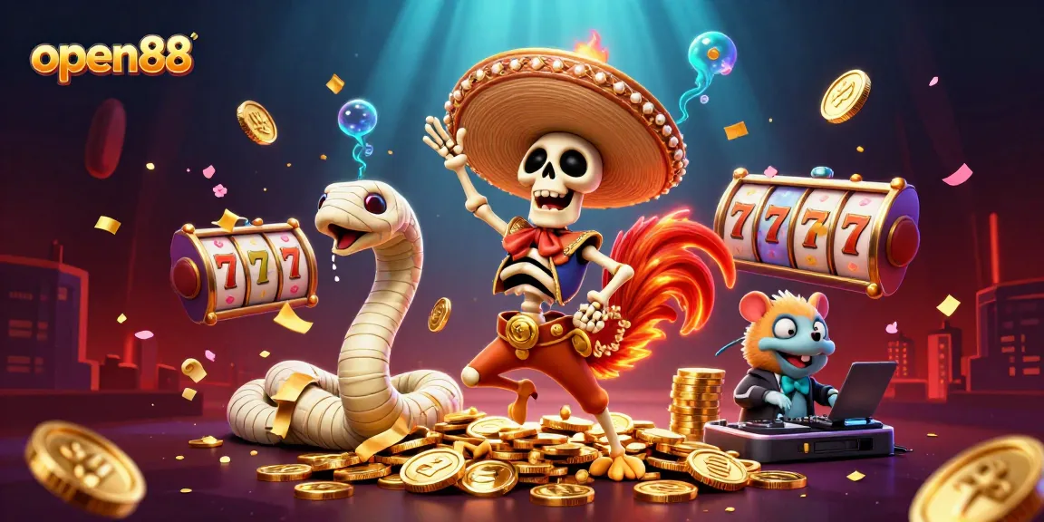 Celebrate wins with open88 at a vibrant 3D casino scene filled with characters and lucky symbols.